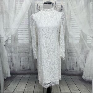 NEW Vince Camuto Size 8 White Lace Ruffle Mock Neck Shift Dress Long Sleeve